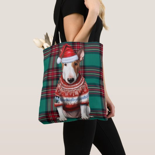 Bull Terrier Christmas Dog Green Seasonal Plaid トートバッグ (クローズアップ)