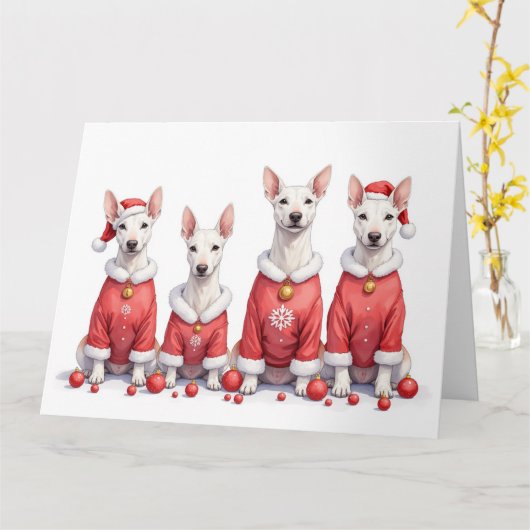 Bull Terrier Christmas Dress Santa Hat カード (黄色い花)