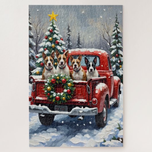 Bull Terrier Christmas Red Truck Holiday ジグソーパズル (縦)