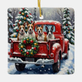 Bull Terrier Christmas Red Truck Holiday セラミックオーナメント (正面)