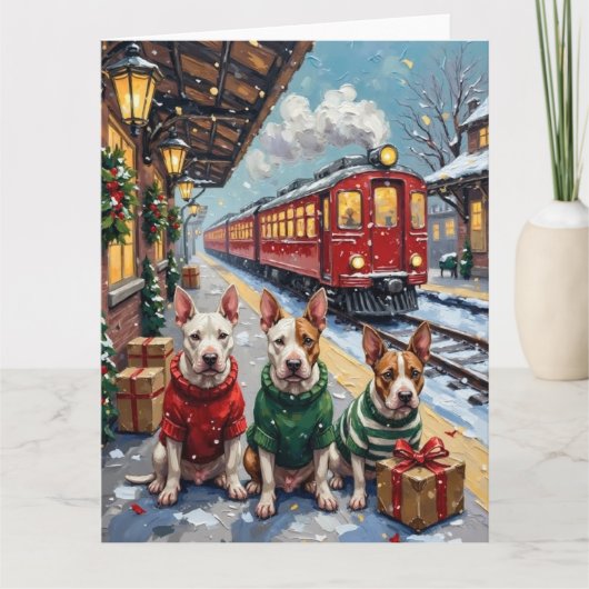 Bull Terrier Christmas Vintage Train Holiday カード (正面)