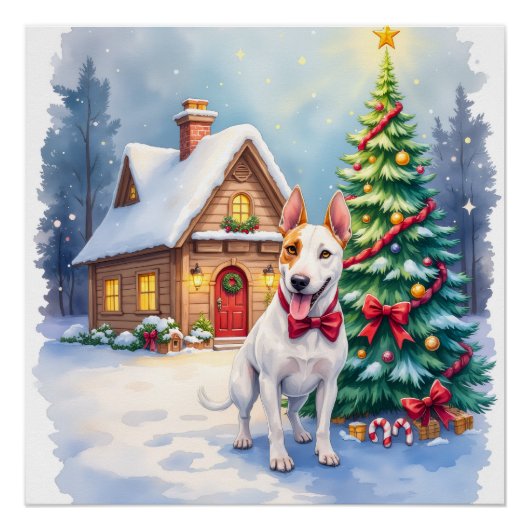 Bull Terrier Cozy Cottage Christmas Tree Art ポスター (正面)