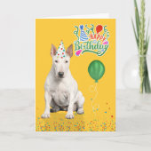 Bull Terrier Dog Party Hat Yellow Birthday カード (正面)