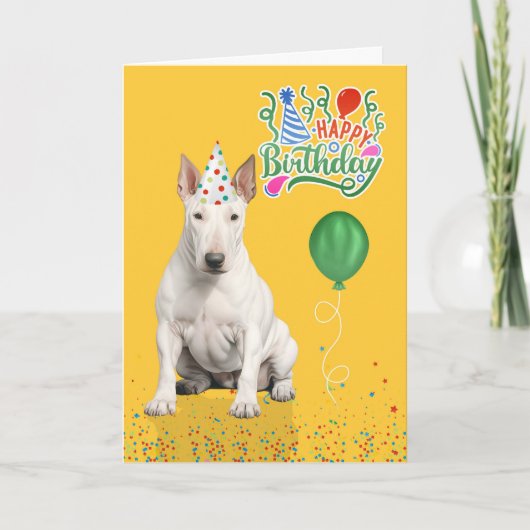 Bull Terrier Dog Party Hat Yellow Birthday カード (正面)