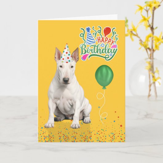 Bull Terrier Dog Party Hat Yellow Birthday カード (黄色い花)