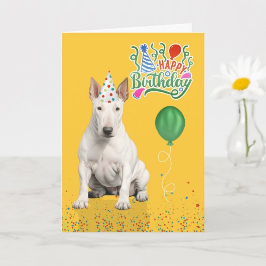 Bull Terrier Dog Party Hat Yellow Birthday カード (小さな植物)
