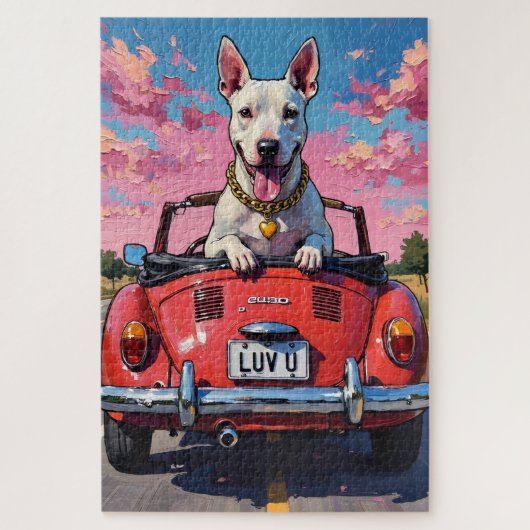Bull Terrier Dog Valentine's Day Red Convertible ジグソーパズル (縦)
