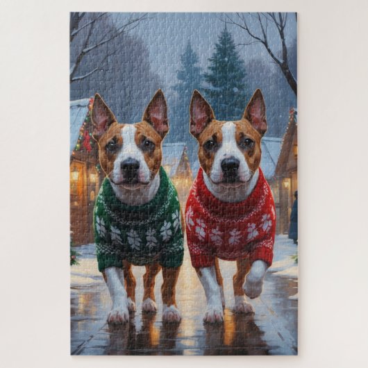 Bull Terrier Dogs Christmas Snow Holiday ジグソーパズル (縦)