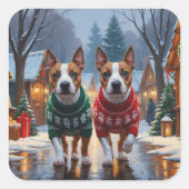 Bull Terrier Dogs Christmas Snow Holiday スクエアシール (正面)