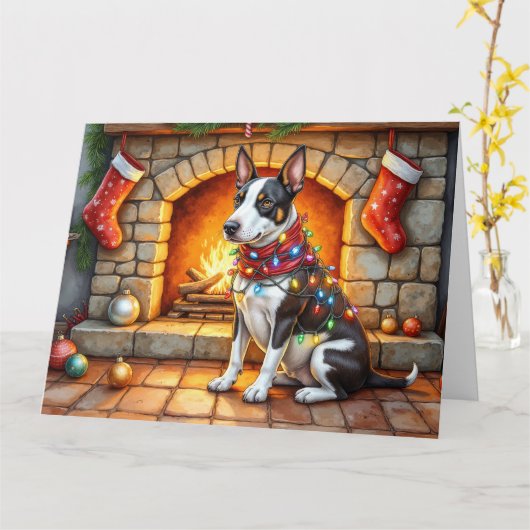Bull Terrier Fireplace with Christmas Lights カード (黄色い花)