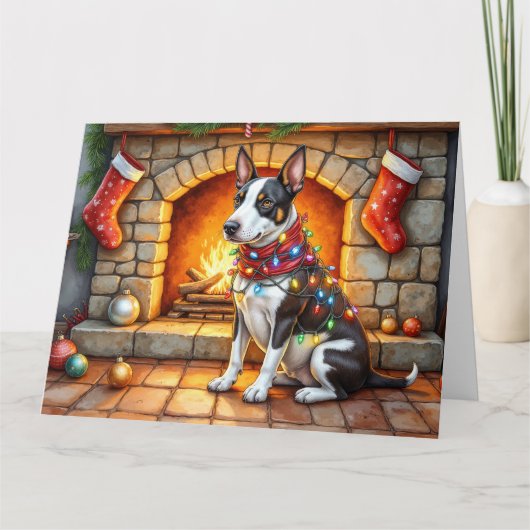 Bull Terrier Fireplace with Christmas Lights カード (正面)