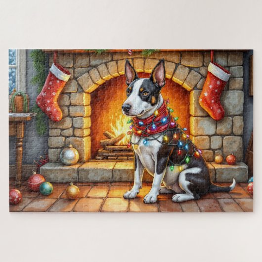 Bull Terrier Fireplace with Christmas Lights ジグソーパズル (横)
