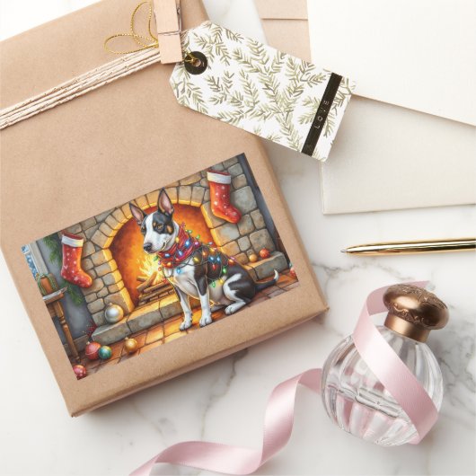 Bull Terrier Fireplace with Christmas Lights 長方形シール (ギフト)