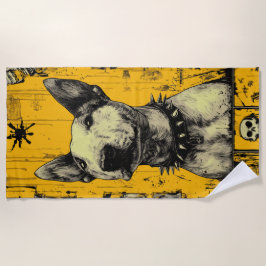 Bull Terrier Punk Portrait with Grunge Yellow Back ビーチタオル
