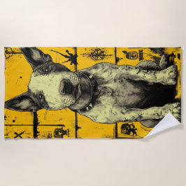 Bull Terrier Street Art – Yellow Grunge Dog Design ビーチタオル
