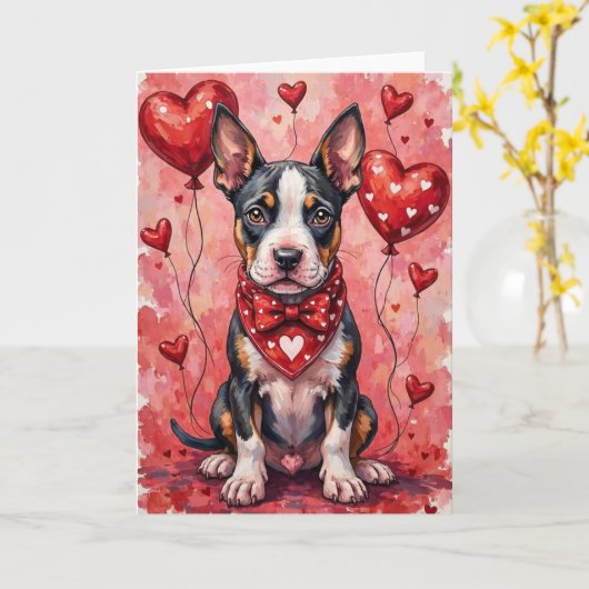 Bull Terrier Valentine’s Day Dog with Hearts Red カード (黄色い花)