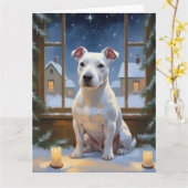 Bull Terrier with Christmas Lights Holiday カード (黄色い花)