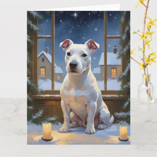 Bull Terrier with Christmas Lights Holiday カード (黄色い花)