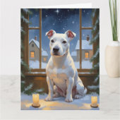 Bull Terrier with Christmas Lights Holiday カード (正面)