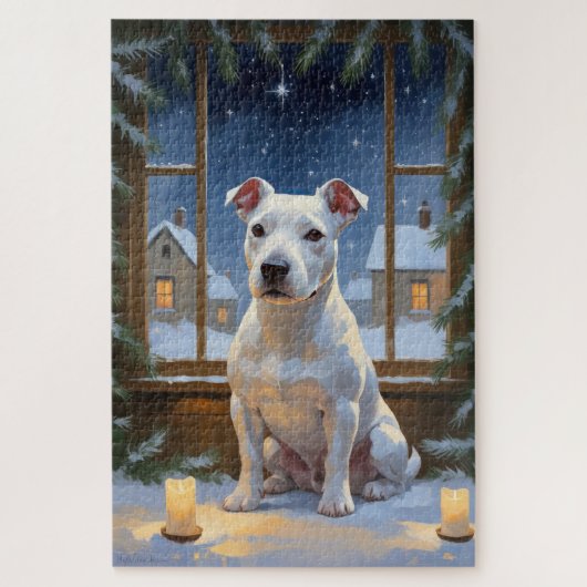 Bull Terrier with Christmas Lights Holiday ジグソーパズル (縦)