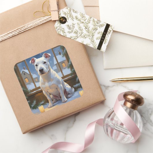 Bull Terrier with Christmas Lights Holiday スクエアシール (ギフト)