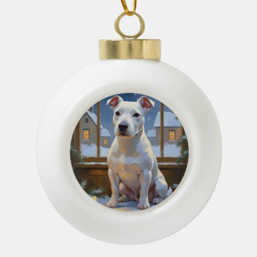 Bull Terrier with Christmas Lights Holiday セラミックボールオーナメント (正面)