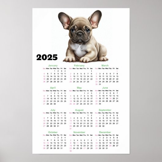 Bulldog フランスの 2025カレンダー ポスター (正面)