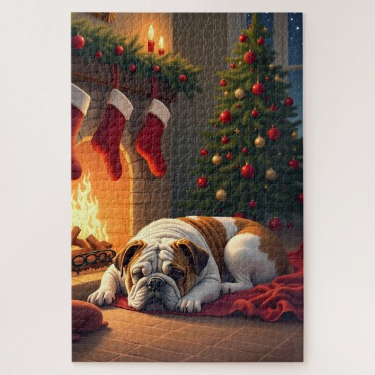 Bulldog by the Fireplace Christmas Painting ジグソーパズル (縦)