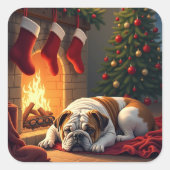 Bulldog by the Fireplace Christmas Painting スクエアシール (正面)