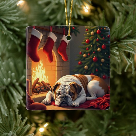 Bulldog by the Fireplace Christmas Painting セラミックオーナメント (ツリー)