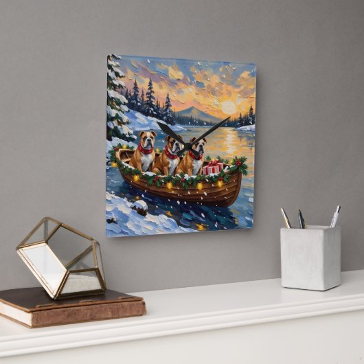 Bulldog Christmas Boat Holiday スクエア壁時計 (オフィス)