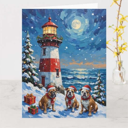Bulldog Christmas Lighthouse Holiday カード (黄色い花)