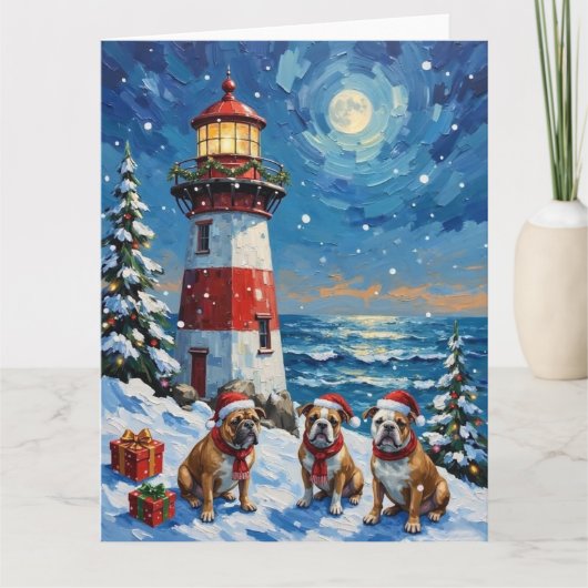 Bulldog Christmas Lighthouse Holiday カード (正面)
