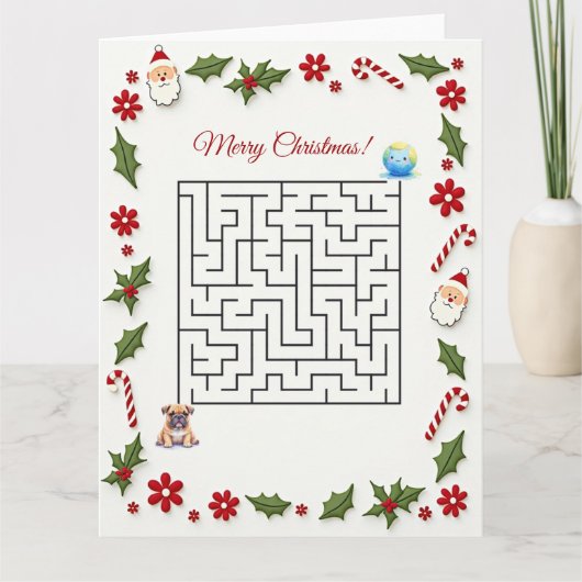 Bulldog Christmas Maze Puzzle Holiday カード (正面)