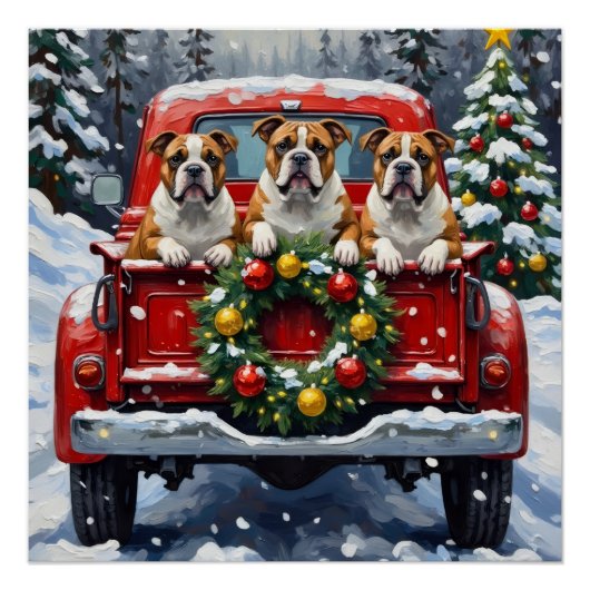 Bulldog Christmas Red Truck Holiday ポスター (正面)