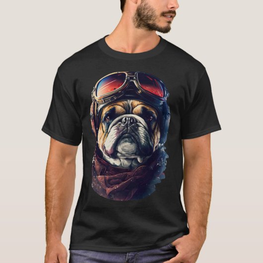 Bulldog Cool Pilot Goggles English Bulldog Dog Tシャツ (正面)