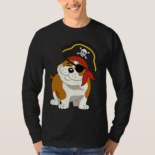 Bulldog Dog Pirate Captain with Skull Easy Hallowe Tシャツ (正面)