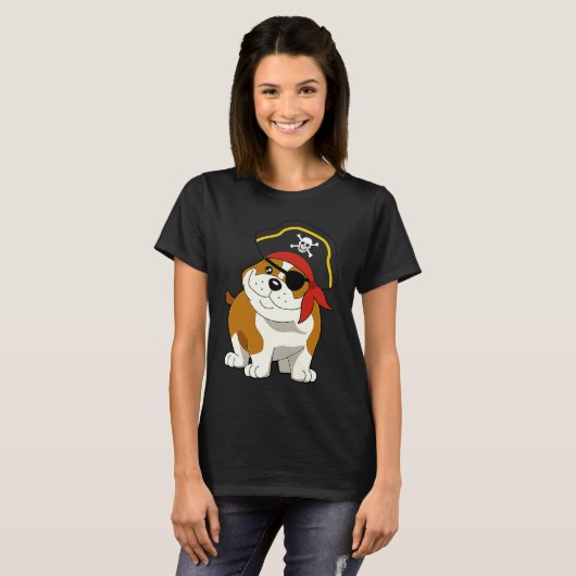 Bulldog Dog Pirate Captain with Skull Easy Hallowe Tシャツ (正面フル)
