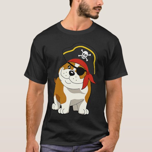 Bulldog Dog Pirate Captain with Skull Easy Hallowe Tシャツ (正面)