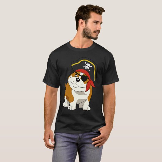 Bulldog Dog Pirate Captain with Skull Easy Hallowe Tシャツ (正面フル)