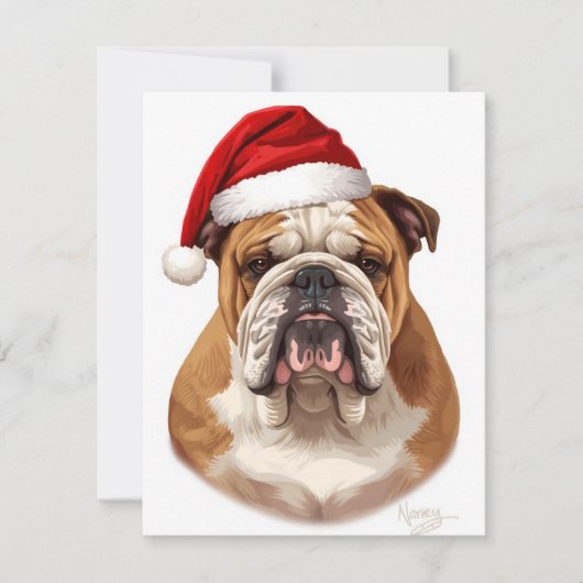 Bulldog Dog Santa Hat Merry Christmas Art シーズンカード (正面)