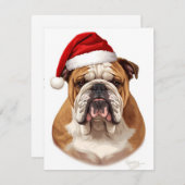 Bulldog Dog Santa Hat Merry Christmas Art シーズンカード (正面/裏面)