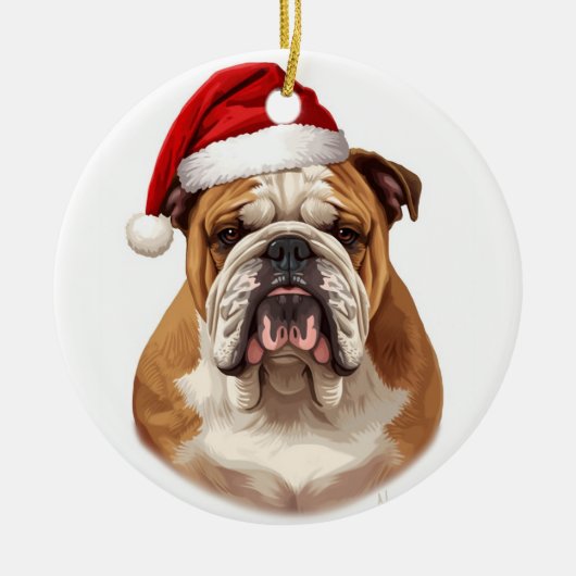 Bulldog Dog Santa Hat Merry Christmas Art セラミックオーナメント (正面)