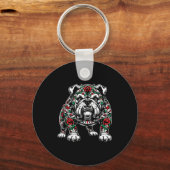 Bulldog Floral Red Rose Mens Womens キーホルダー (正面)
