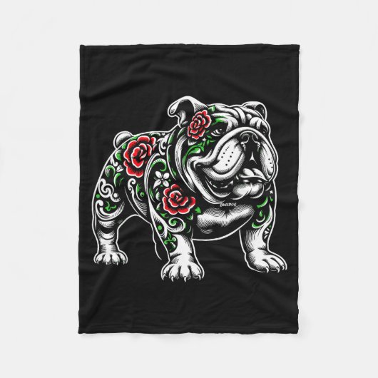 Bulldog Floral Red Rose Mens Womens  フリースブランケット (正面)
