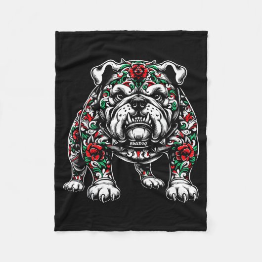 Bulldog Floral Red Rose Mens Womens  フリースブランケット (正面)