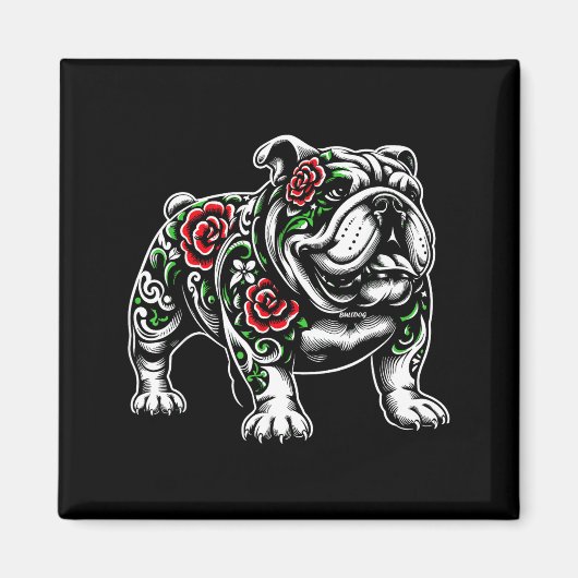 Bulldog Floral Red Rose Mens Womens  マグネット (正面)