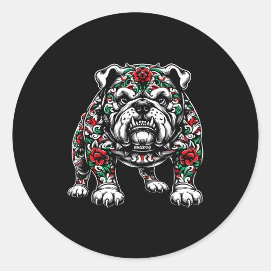 Bulldog Floral Red Rose Mens Womens  ラウンドシール (正面)
