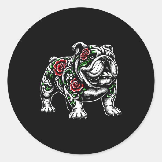 Bulldog Floral Red Rose Mens Womens  ラウンドシール (正面)
