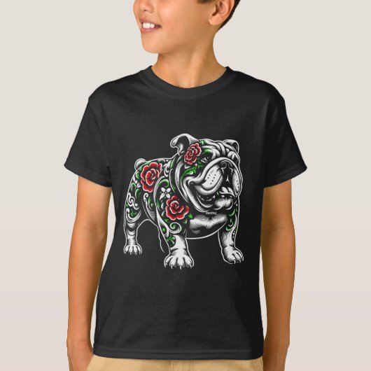 Bulldog Floral Red Rose Mens Womens  Tシャツ (正面)